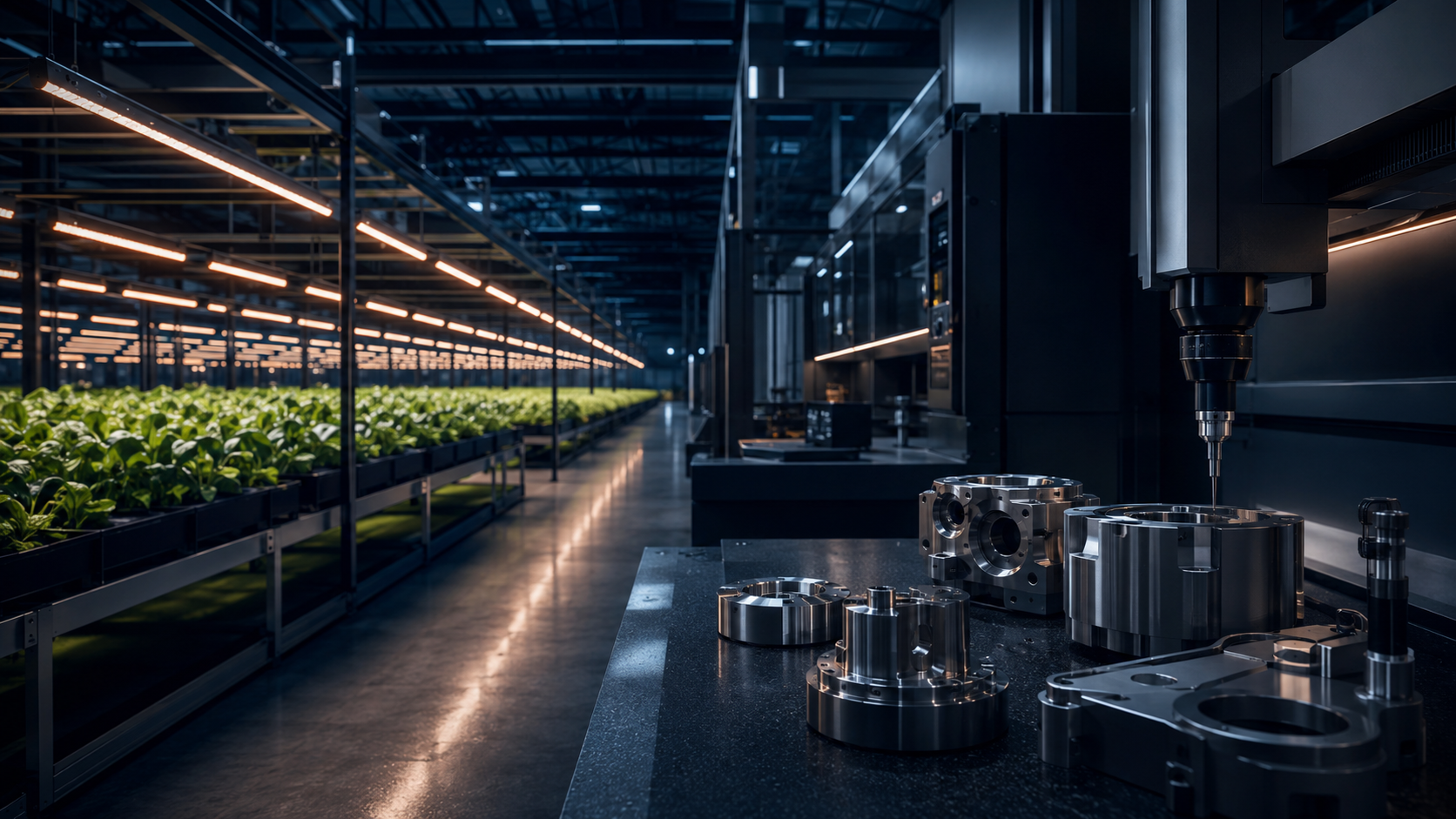 Modern LED-lit greenhouse connected with precision manufacturing